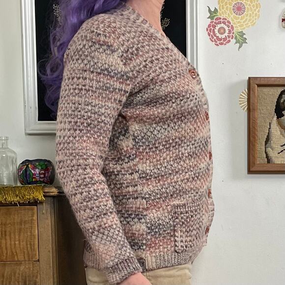 Vintage Grandpa Cardigan, 1970s Brown Space Dye V-Neck Button Front Sweater Sz S - Picture 6 of 10